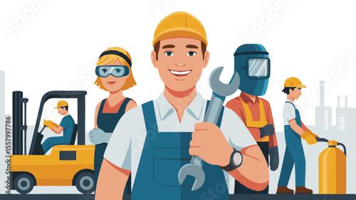 Diverse Team of Construction Workers Man with Wrench, Forklift Driver, Welder, and Industrial Worker