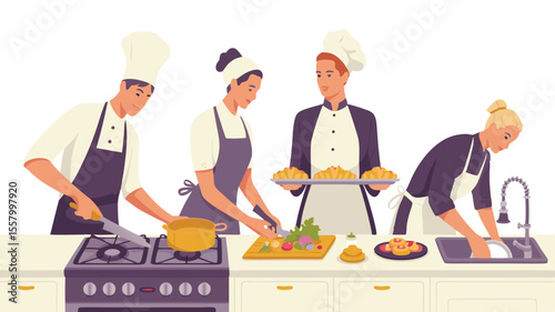 Four Kitchen Staff Preparing Food Cooking, Slicing Vegetables, Serving Croissants, and Washing Dishes at Kitchen Counter