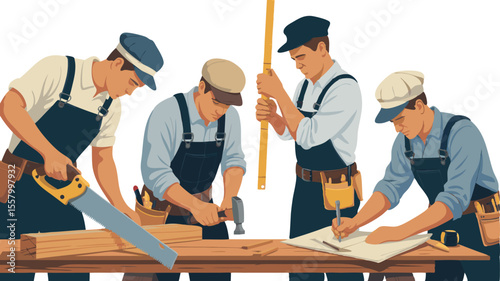 Four Carpenters Building with Hammer, Saw, Measuring Tape, and Blueprint on Workbench Illustration