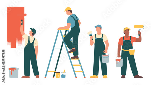 Four Painters Painting Wall with Different Tools in Overalls and Hats, Illustration