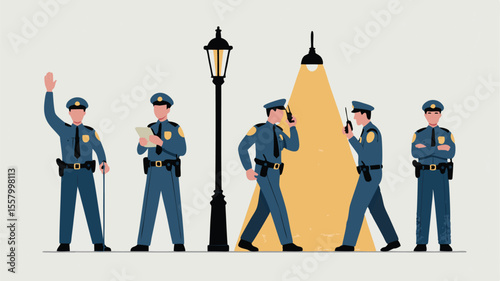Illustrated Police Officers Patrol with WalkieTalkies, Notepad and Batons under Streetlights on Patrol