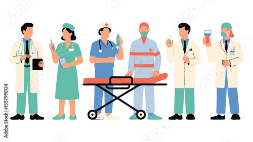 Illustrated Team of Doctors and Nurses with Equipment Including a Gurney and Test Tubes