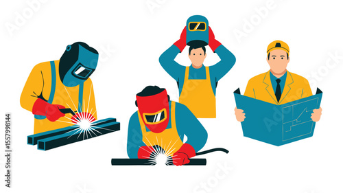 Illustrated Welding Team and Supervisor Inspecting Blueprint on White Background Construction Illustration
