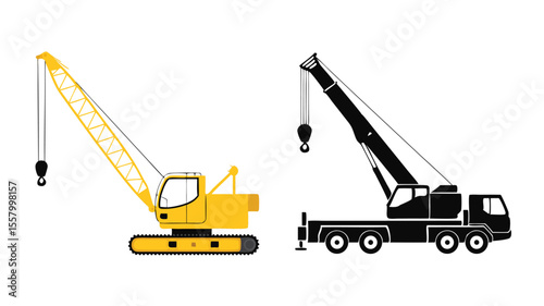 Illustrated Yellow and Black Cranes on White Background Heavy Machinery for Construction Projects