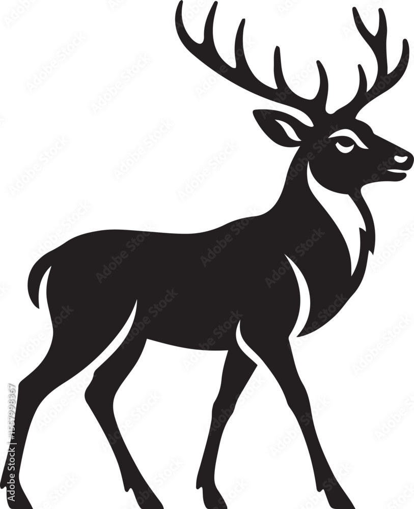 Fototapeta premium Stag in profile elegant black silhouette, Deer antlers side view vector sketch