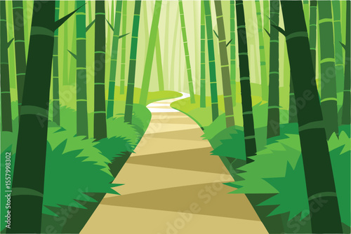 Forest Path Illustration Green Bamboo Trees, Nature Trail, Peaceful Outdoor Scene, Art