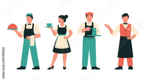 Stylized Restaurant Staff Illustration Waiters and Waitress with Food and Drinks in Uniforms