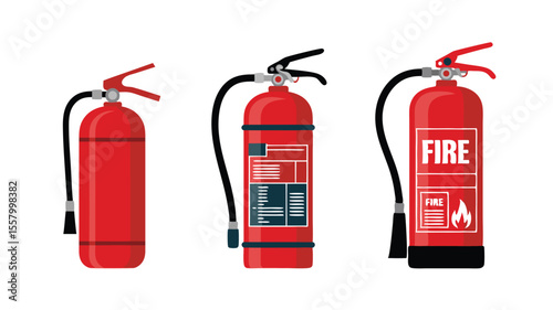 Three Red Fire Extinguishers with Hoses and Different Label Designs on White Background