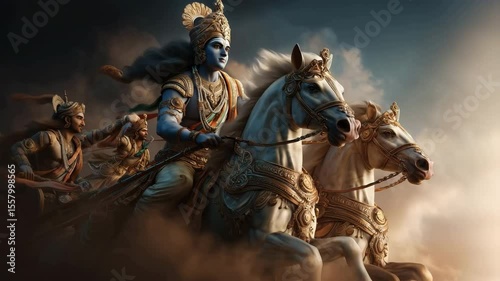 Photorealistic depiction of Krishna as a charioteer, guiding Arjuna in a dramatic moment from the Bhagavad Gita, evoking a sense of divine guidance and epic battle.