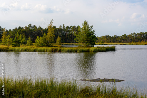 Expansive Selisoo bog system in Estonia at day's end. Numerous small islands with pines and bog vegetation dot calm water, catching sky's hues. Highlights the vast, unique beauty of this wetland.