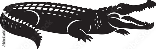Crocodilian bold silhouette vector artwork, Reptile black design with strong features