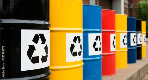 Recycling Barrels Lined Up Outdoors, Promoting Eco-consciousness 