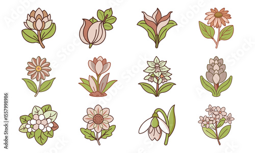 Botanical Flower Icon Set With Soft Pastel Petals And Green Leaves Line Art Vector Illustration (19)