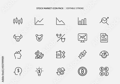 Stock market exchange and bitcoin, oil, gold trading icon set. Growth Graph line icons and analytics in bull and bear market up and down trend. Risk level of currency rate trade outline vector.