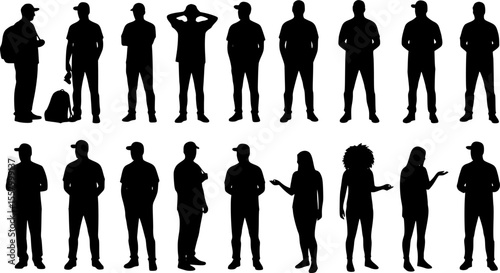Vector silhouettes men and women, illustration. Silhouettes of young people posing in casual clothes. EPS10 version.