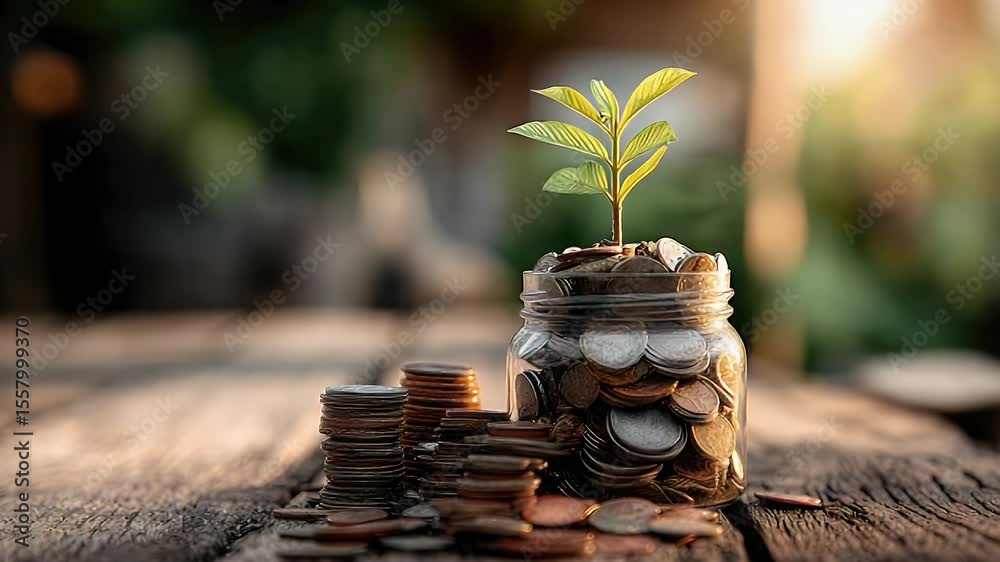 custom made wallpaper toronto digitalA small green plant growing from a jar of coins on a wooden table, symbolizing financial growth and sustainability