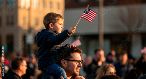 Boy on Father's Shoulders Waving the American Flag