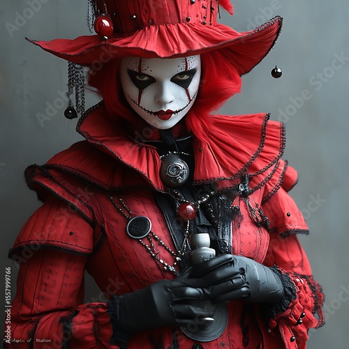 Intriguing, red-clad figure with dramatic makeup and accessories