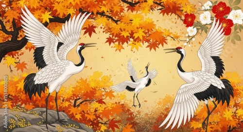 Three elegant red crowned cranes dance amidst vibrant autumn foliage showcasing their graceful beauty and serene presence in a picturesque natural setting