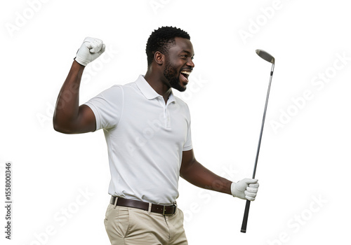 A joyful golfer celebrates a successful shot, isolated on transparent background