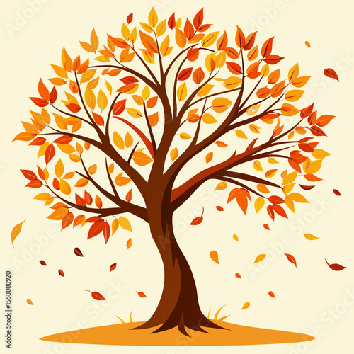 Autumnal Glory A Vibrant Vector Illustration of a Colorful Fall Tree with Falling Leaves