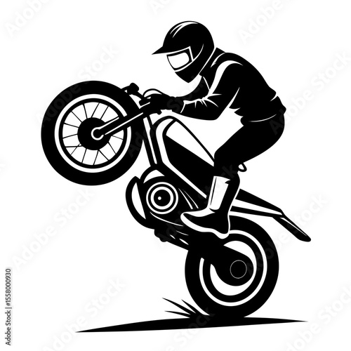 Dynamic Vector Illustration of a Motorcyclist Performing a Wheelie A Black and White Vintage-Style Design Perfect for Motorcycle Enthusiasts, Posters, and Apparel