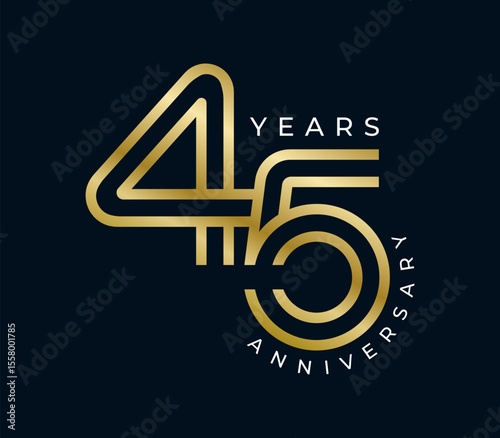 45 Years Anniversary design vector illustration. Unique 45 years logo design template. In gold color