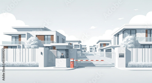 Illustration of a gated community entrance with a security guard in a booth, modern houses visible in the background.