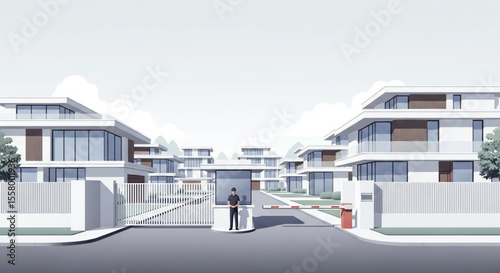 Modern gated community entrance with security guard, showcasing sleek contemporary homes.