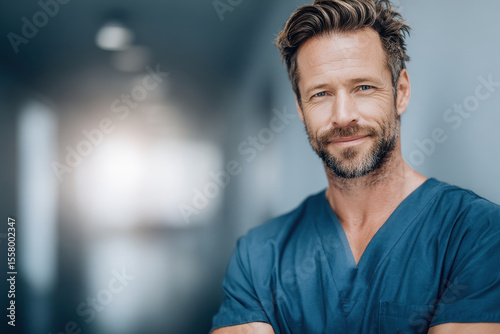 confident urologist portrait standing on left side of frame against clean ultrabright background