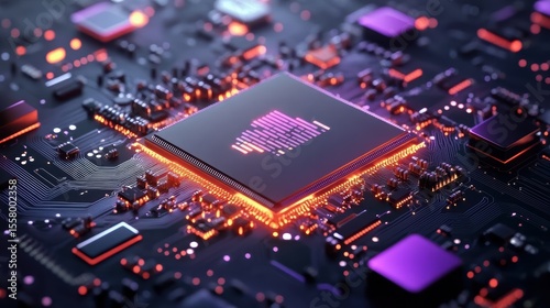 Close-up view of a modern microprocessor chip.