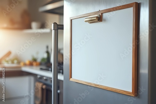 Refrigerator with blank magnetic board and note in kitchen, closeup with copy space