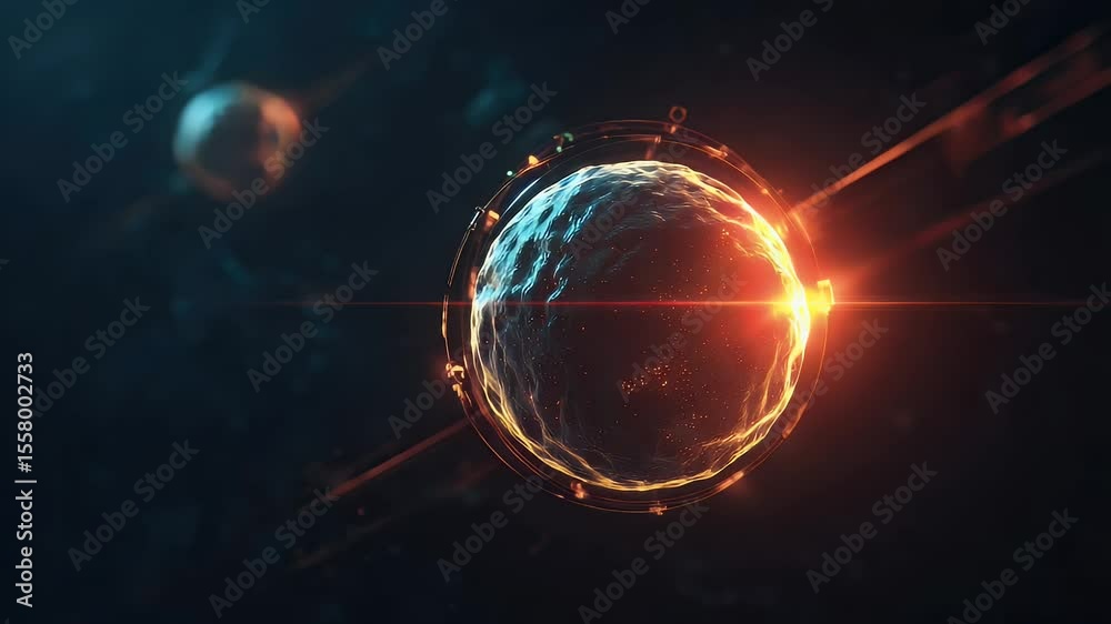 Abstract representation of a glowing sphere in a cosmic setting with distant planets and light effects
