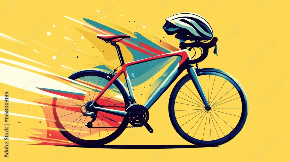 Fototapeta premium Fast racing bicycle with helmet, dynamic illustration
