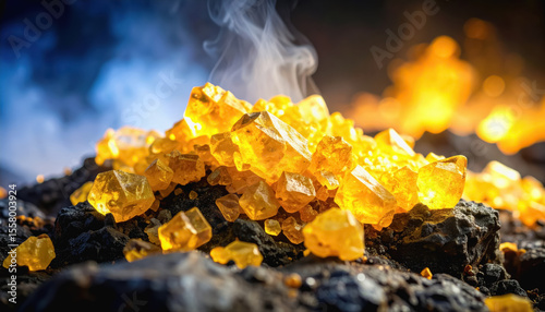 Pile of shimmering yellow sulfur crystals glimmering on rugged volcanic rock with steam rising dramatically