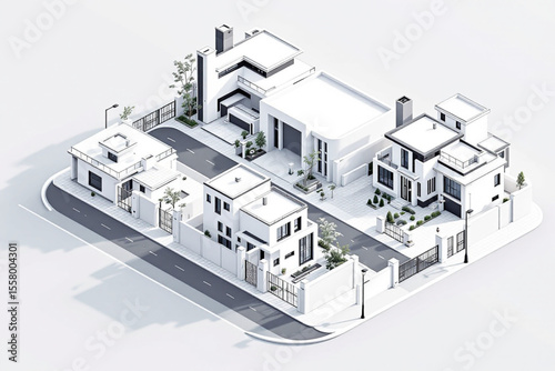 Isometric view of a residential neighborhood featuring modern white houses, streets, fences, and greenery on a light background.