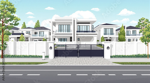 Modern, white luxury homes behind a gated community entrance, showcasing upscale suburban living.