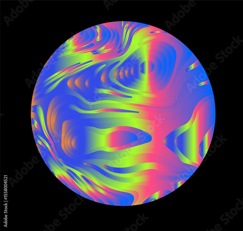 Psychedelic vector illustration in trending Y2K style. Features a round sphere with vivid neon blue, pink, green, and yellow swirling fluid shapes on black, giving a futuristic liquid chrome vibe.