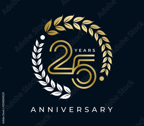 25 Years Anniversary with laurel wreath design vector illustration. Unique 25 years logo design template. In gold color