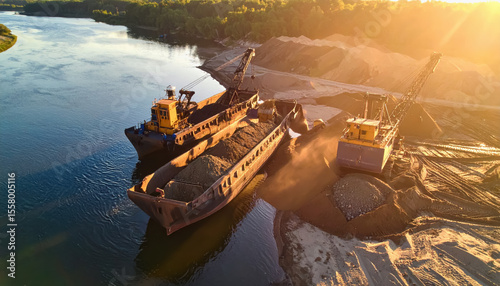Heavy dredging equipment loading a barge on the river during a mineral extraction operation in action