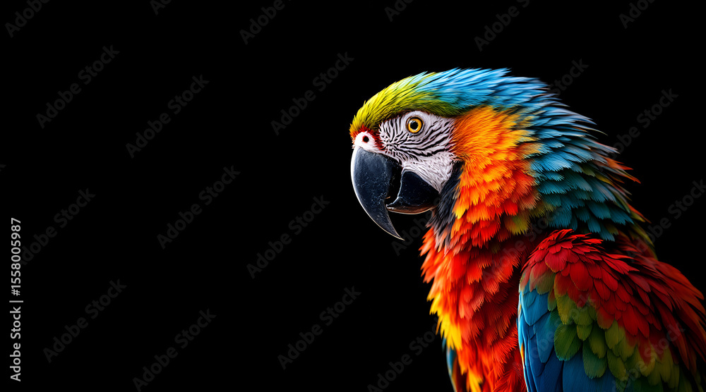 Obraz premium Vibrant Macaw Parrot Portrait with Detailed Feathers on a Black Background
