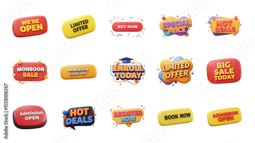 3D illustration shopping marketing Signs callouts, Promotional Sale Banner tag label cta button design png callout button buy now, sale, enroll now, limited offer, join, admission open, register now