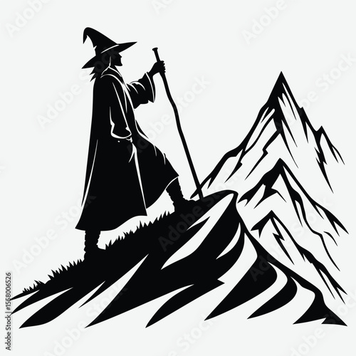 A wizard holding a staff on a mountain image silhouette design vector art and illustration