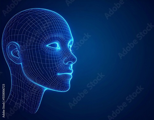 A human face constructed only from wires and lines, forming a transparent 3D mesh in black space.