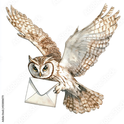 Watercolor Owl Delivering Letter with Wings Spread in Flight (2)