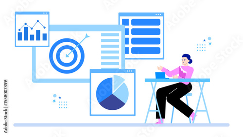 Woman expertly reviewing data visualizations at desk for business reports, presentations, financial analysis, statistics, market trends, research projects.