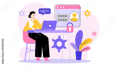 Woman securely logging into online account on laptop. Suitable for cybersecurity, technology, internet security, data protection concepts in digital marketing materials.
