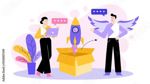 Rocket launches from a box as two people celebrate joyfully; suitable for startup concepts, success stories, teamwork, and innovation themes.