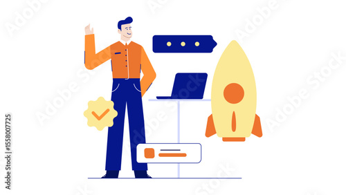 Man using laptop with rocket and checkmark symbols, suitable for technology and business concepts, success in decision making visuals.