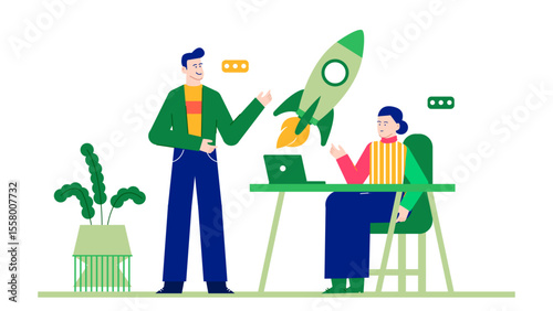 Two people brainstorm a new project launching a rocket, perfect for creativity, science, teamwork, and innovation concepts in marketing materials.